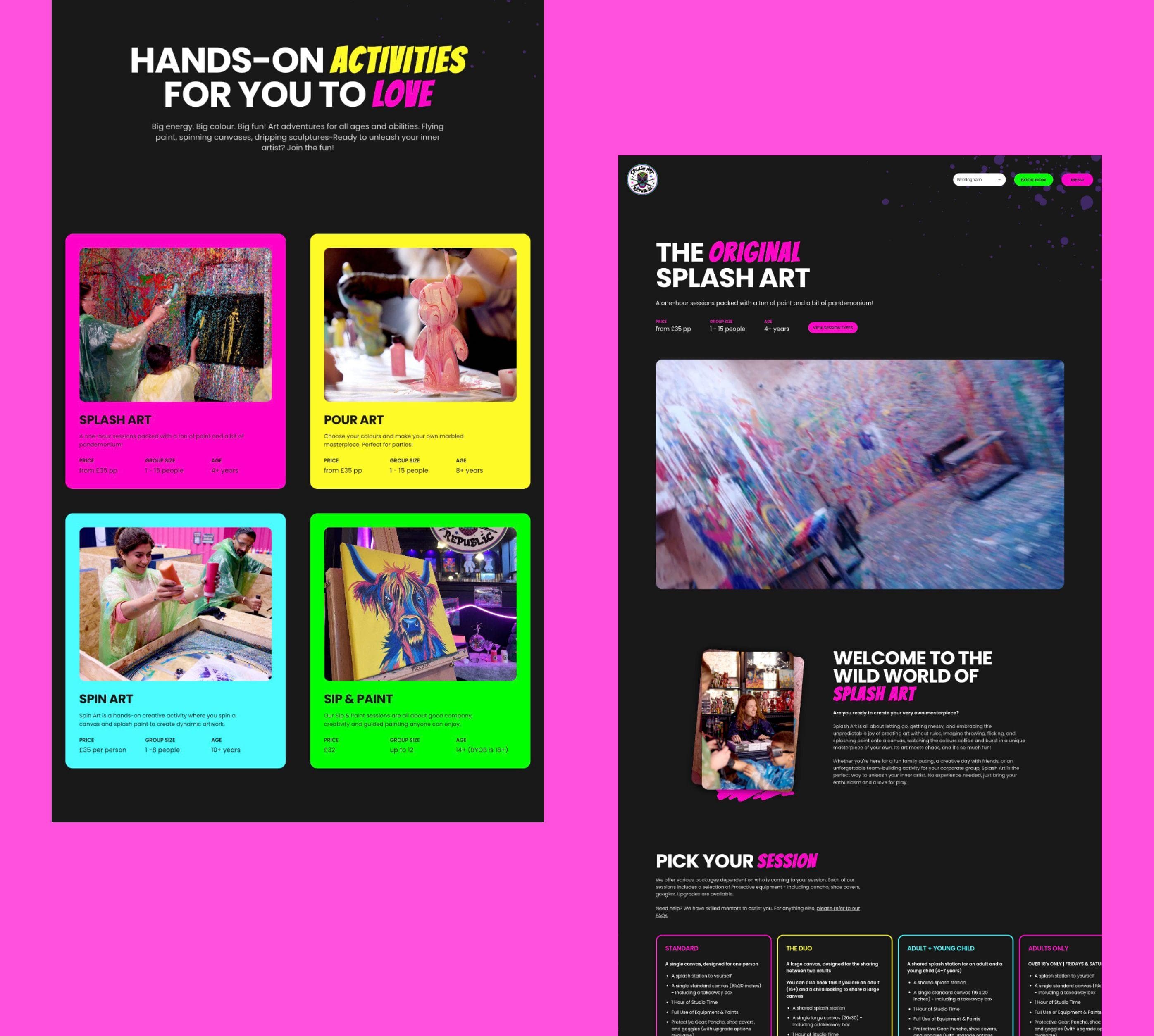 Screenshots of two parts of the Splash Art Republic website, which shows activities and a single activity page.